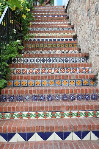 The steps up to Si Senor, a great (upscale) Mexican restaurant in downtown Puerto Vallarta. Mexican Tile Stairs, Tiled Staircase, Colorful Tiles, Tile Steps, Patio Steps, Tile Stairs, Outdoor Stairs, Mexican Tile, Stair Risers