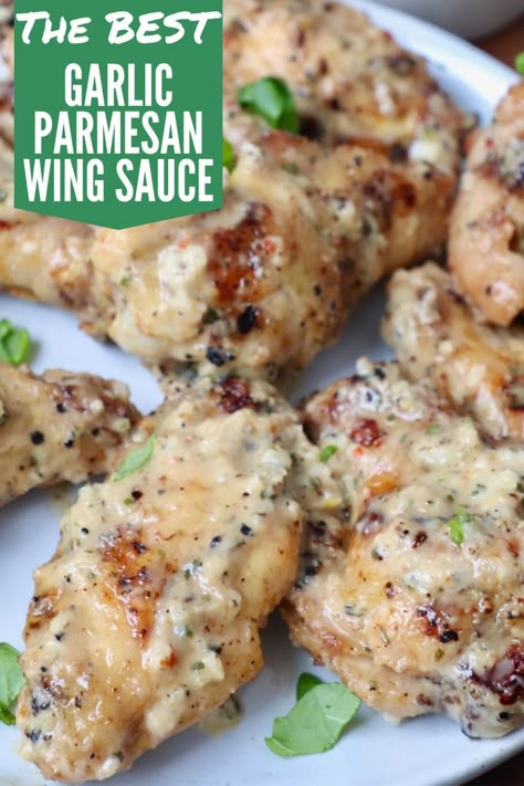 garlic parmesan grilled chicken wings on a plate Chicken Wings Sauce, Parmesan Wing Sauce, Chicken Wing Sauce Recipes, The Best Chicken Wings, Wing Sauces, Wings Sauce, Chicken Wing Marinade, Creamy Garlic Parmesan Sauce, Garlic Wings