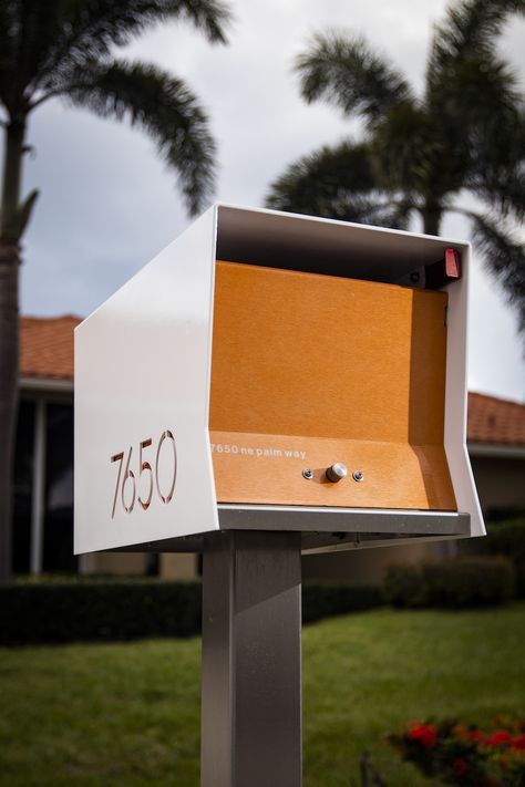 The Retrobox is a Mid-century modern inspired mailbox, the perfect curb appeal for your home, office, condo or development. Made of quality materials, here in the USA.  The Retrobox has a mail slot in the front for easy mail delivery and the doors open from the front and the back, so you can retrieve mail without stepping into the street. Mail Box Modern, Midcentury Modern Mailbox Ideas, Mid Century Mail Boxes, Mcm Mailbox Mid Century, Mid Century Modern Mailbox Diy, Mid Century Modern Mailbox Ideas, Mid Century Mailbox Ideas, Letterbox Ideas Modern, Modern Mailbox Ideas