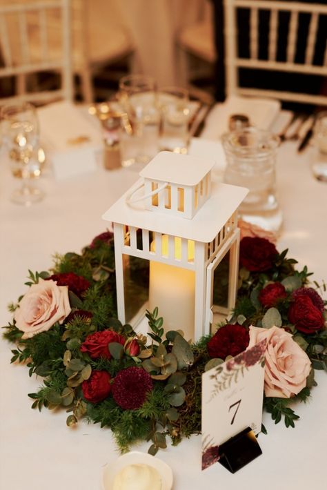 Wedding Florals Burgundy, Wedding Lantern Decor Reception Ideas, Burgundy And White Wedding Decorations, Burgundy Wedding Centrepiece, Burgundy Wedding Reception Decor, Burgundy Wedding Table Centerpieces, Pink And Burgundy Wedding Centerpieces, Burgundy And Sage Wedding Centerpieces, Burgundy And Emerald Wedding Decor