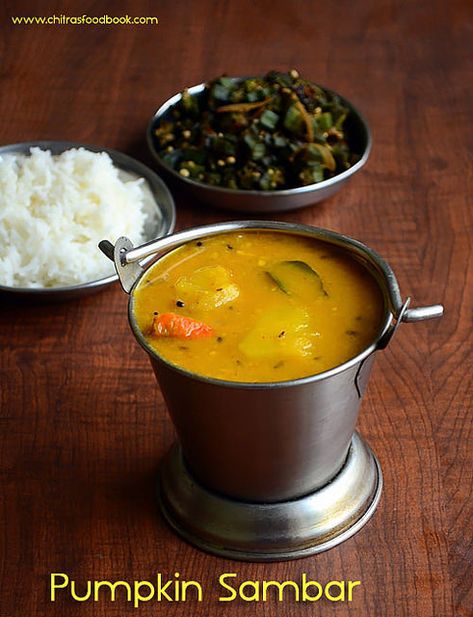 Yellow pumpkin sambar, Manjal poosanikai sambar recipe, parangikai sambar for rice South Indian Food Photography, Pumpkin Sambar, Sambhar Recipe, Veg Gravy, Book Pumpkin, Indian Dal, Rice Pulao, Sambar Recipe, Indian Food Photography