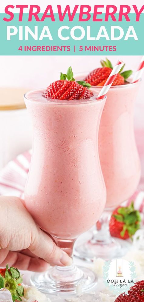 A luscious Strawberry Pina Colada recipe that's just like a refreshing smoothie. Alcoholic, or you can make it non-alcoholic and call it a virgin! Only 4 ingredients. Takes 5 minutes to make. Make it in a blender or on the rocks. The taste alone will transport you to a beachside cabana with a handsome poolboy! Non-dairy, gluten-free, vegan, no added sugar. It's a healthy pina colada cocktail made just for you. Strawberry Colada Smoothie, Virgin Pina Colada Smoothie Recipes, Strawberry Colada Recipe, Non Alcoholic Pina Colada Recipe, Strawberry Pina Colada Recipe, Pina Colada Recipe Non Alcoholic, Strawberry Pina Colada, Easy Pina Colada Recipe, Pina Colada Cocktail Recipe