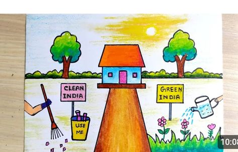 Swachh Bharat Drawing, Swachh Bharat Abhiyan, Saraswati Painting, India Pictures, India Drawing, Clean India, Swachh Bharat, Easy E, Competition Poster