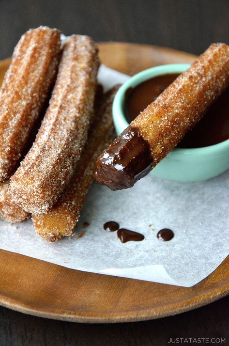 Easy Homemade Churros with Chocolate Sauce | Just a Taste Diy Churros, Twix Cupcakes, Homemade Churros Recipe, Easy Churros, Peruvian Desserts, Chocolate Sauce Recipes, Homemade Churros, Chocolate Dipping Sauce, Churros Recipe