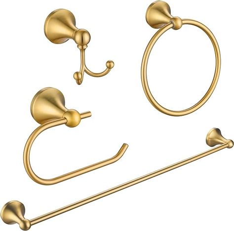 Amazon.com: FROPO 4 Pcs Gold Bathroom Hardware Set - Brushed Brass Gold Bathroom Accessories Kit, Stainless Steel Wall Mounted 23.6 Inch Towel Bar | Towel Hook | Toilet Paper Holder | Hand Towel Holder : Tools & Home Improvement Gold Bathroom Hardware, Gold Bathroom Fixtures, Gold Bathroom Decor, Black And Gold Bathroom, Gold Bathroom Accessories, Stainless Steel Wall, Gold Fixtures, Towel Holder Bathroom, Hand Towel Holder