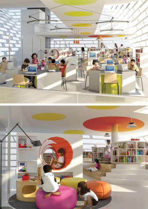 Library Design | Children's Library | ying yang public library by evgeny markachev + julia kozlova | The Design Language of Form, Colour, Line & Light depicted in a functional children's library....just love this! School Library Design, Library Inspiration, Kindergarten Design, Childrens Library, School Interior, Library Architecture, New York School, Kids Library, Design Library