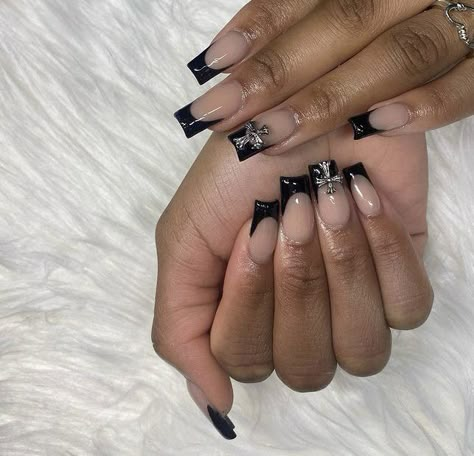 Black French With Gems, Black And Silver Nails Ideas, Black French Nails, Stiletto Nails Short, Nail Piercing, Cross Nails, Tapered Square Nails, Black Acrylic Nails, Nails Now