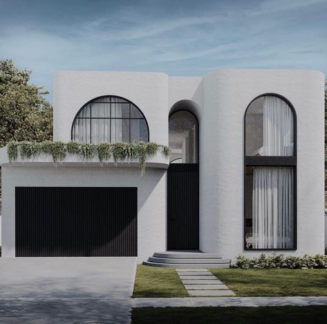 A stunning modern masterpiece coming soon to Concord. Approved under CDC. Designed by @dezcon_ | Instagram Porte In Ferro, Mediterranean Homes Exterior, Santorini House, Modern Mediterranean Homes, Modern Mediterranean, Facade Architecture Design, Contemporary House Exterior, Arch House, Duplex Design