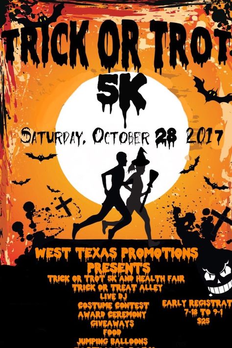 West Texas Promotions brings to you Trick or Trot 5K run / 1 Mile Fun Walk 2017- followed by a Health Fair this October 28th at Album Park. Get the most out of Halloween this year! Put together the best team, villian, hero custume fot the costunme contests! So many ways to bring home medals or trophies. To register visit: https://runsignup.com/Race/TX/ElPaso/TrickorTrot5KEPT - Health Fair- Trick or Treating for the Kids with vendors -Medals for 1st 2nd 3rd place in their respective categorie Halloween Party Fundraiser Ideas, Halloween Fun Run, Halloween 5k, Halloween Run, Halloween Beer, Charity Run, 5k Run, Health Fair, Fun Walk