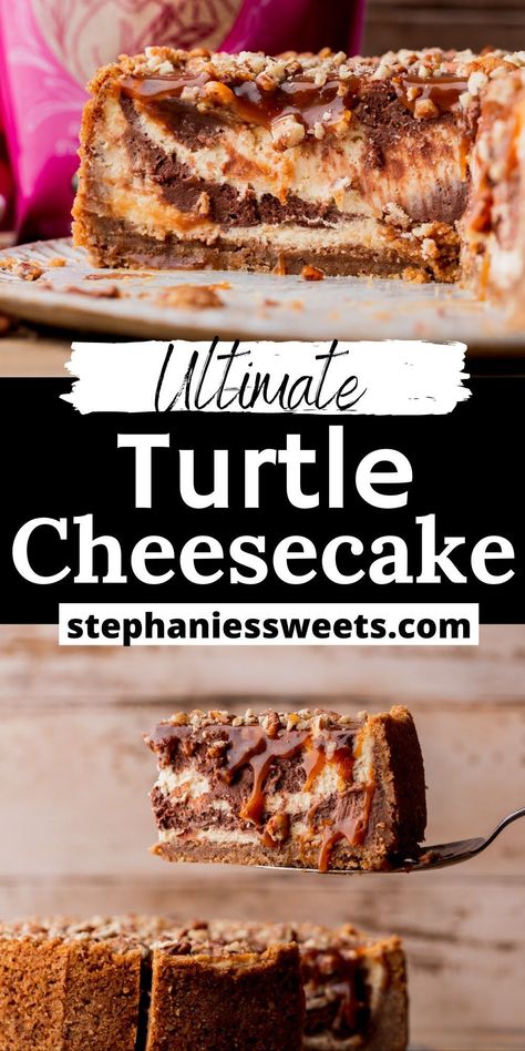 This turtle cheesecake is creamy and swirled with both brown sugar cheesecake and chocolate cheesecake. It has a graham cracker crust and is topped with salted caramel and pecans. Salted Caramel Chocolate Cheesecake, Salted Caramel Cheesecake Brownies, Turtles Cheesecake, Ultimate Turtle Cheesecake Recipe, Turtle Cheesecake Recipe, Brown Sugar Cheesecake, Cheesecakes Recipes, Chocolate Caramel Cheesecake, Decorative Desserts