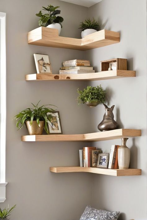 DIY project, corner shelves, stylish design, home decor Corner Picture Shelves, Wall Corner Shelves Bedroom, Corner Shelves Decor Ideas Living Room, Corner Shelves In Living Room, Corner Wall Bedroom Ideas, Office Corner Shelves, Corner Furniture Ideas Bedroom, Bed Shelves Ideas, Floating Bedroom Shelves