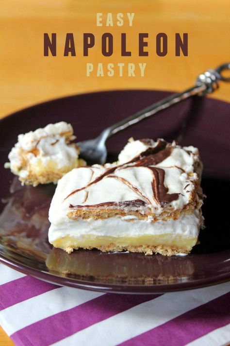 Easy Napoleon Pastry Dessert -- Make the famous Mille Feuille dessert in a fraction of the time. Simple ingredients -- tons of variations! Napoleon Recipe, Napoleon Pastry, Napoleon Torte, Napoleon Dessert, Layered Dessert Recipes, Maid Cafe, British Desserts, Pastry Recipe, Bake Recipes