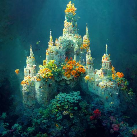 Fantasy Underwater, Coral Reef Underwater, Water Castle, Underwater Village, Water Kingdom, Sea Castle, Under Water World, Sea Kingdom, Underwater World Drawing