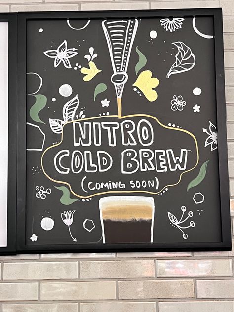 Oleato Starbucks Sign, Coffee Shop Chalkboard Signs, Starbucks Nitro Cold Brew, Starbucks Chalkboard Art, Barista Ideas, Starbucks Drawing, Starbucks Chalkboard, Chalkboard Coffee, Coffee Chalkboard