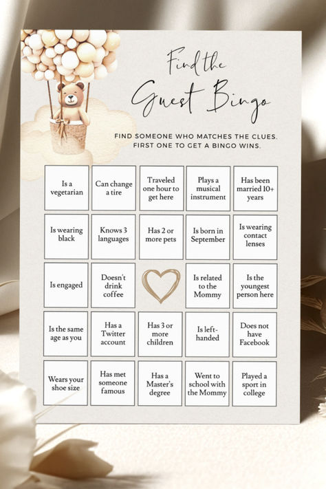 Baby Shower bingo game cards with cute bear. Find the Guest bingo. Gender Reveal Bingo, Baby Bingo Free Printable, Baby Shower Gift Bingo, Peach Baby Shower, Baby Bingo, Baby Shower Bingo, Bingo Games, Baby Bear Baby Shower, Bingo Cards