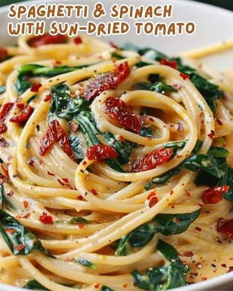 Ina Garten | Spaghetti & Spinach with Sun-Dried Tomato Cream Sauce | Facebook Spaghetti And Spinach, Spaghetti Spinach, Spinach Spaghetti, Sausage And Potatoes Skillet, Taco Pasta Recipes, Spaghetti With Spinach, Cream Sauce Recipe, Tomato Cream Sauce, Broccoli Cheese Soup Recipes