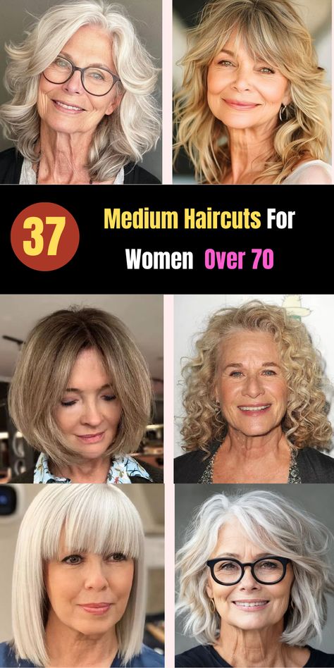 Explore trending medium haircuts for women over 70 in 2024! These fashionable, age-appropriate hairstyles add modernity to your look and enhance your beauty. With options ranging from layered cuts to soft waves, there's a haircut for every style. Flaunt your gray hair with confidence with these stylish hairstyles. #MediumHaircuts #WomenOver70 #TrendingHairstyles #2024Fashion Hairstyles For Women In Their 70s, Nirvana Haircut 2024, Over 70 Hairstyles, Neck Length Bob, Hair Styles For Women Over 70, Lob Bangs, Wavy Bob Haircut, Haircuts For Women Over 70, Medium Length Hairstyles For Women