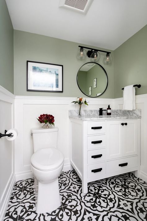 Curle Avenue Powder Room | Curle Avenue Sage Powder Room, Sage Green Powder Room, Green Powder Room, Alter Design, Small Half Bathroom, Faux Wainscoting, Navy Bathroom, Patterned Tile, Diy Bathroom Makeover