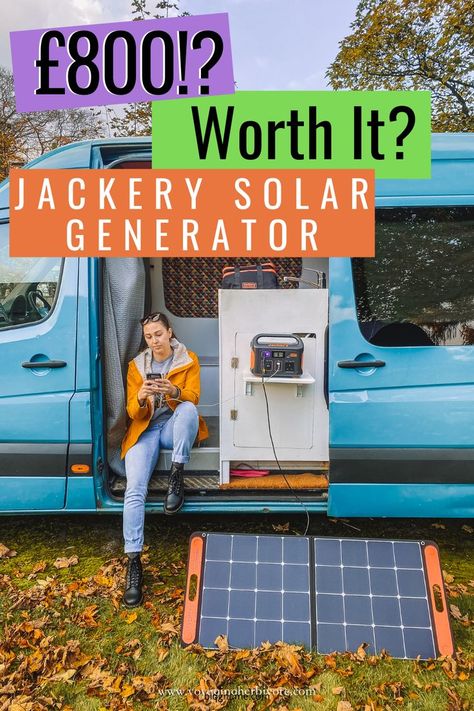 woman sitting on the edge of her converted campervan using Jackery explorer 500 and solar saga panels to charge phone Campervan Accessories, Make A Decision, Eco Travel, Van Living, Vegan Travel, Solar Generator, Campervan Conversions, Chicago Restaurants, Travel Toiletries