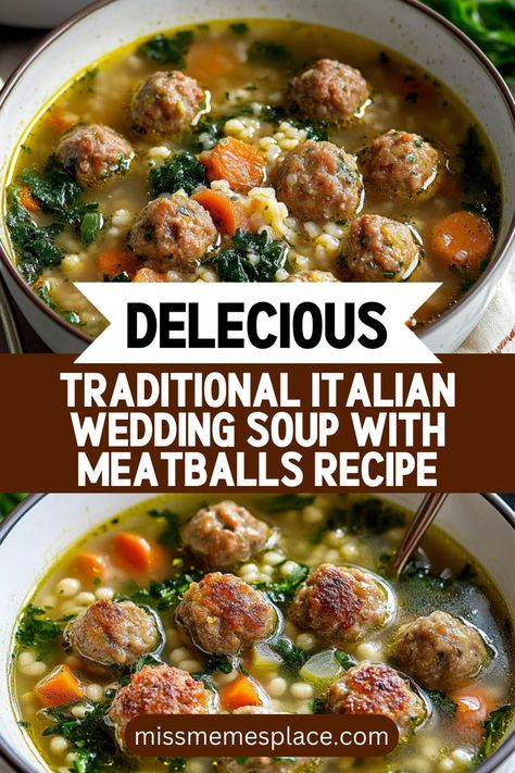 Wedding Soup Meatball Recipe, Traditional Italian Wedding, Soup With Meatballs, Wedding Soup Recipe, Italian Meatball Soup, Italian Wedding Soup Recipe, Meatball Soup Recipes, Italian Meatballs Recipe, Cozy Dinners