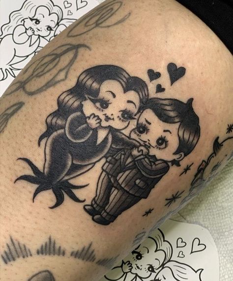 Gomez Addams Tattoo, Morticia Gomez Addams, Morticia Gomez, Kewpie Tattoo, Rad Tattoos, Cute Halloween Tattoos, Unique Tattoo Ideas, Gomez Addams, Creepy Tattoos