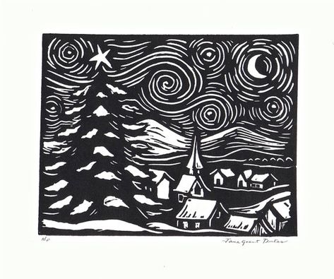 linoleum block prints | Vincent's Starry Night | Sgraffito ... Lino Printing Ideas, Linoleum Printmaking, Woodcut Art, Lino Printing, Linoleum Print, Linoleum Block Printing, Print Christmas Card, Linocut Printmaking, Lino Art