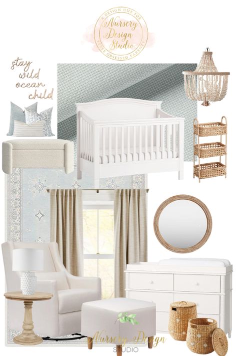 COASTAL NURSERY | BLUE NURSERY | OCEAN THEMED NURSERY Coastal Cottage Nursery, Beachy Nursery, Sea Themed Nursery, Timeless Nursery, Striped Accent Wall, Coastal Color Scheme, Nursery Design Board, Nursery Ocean, Nursery Color