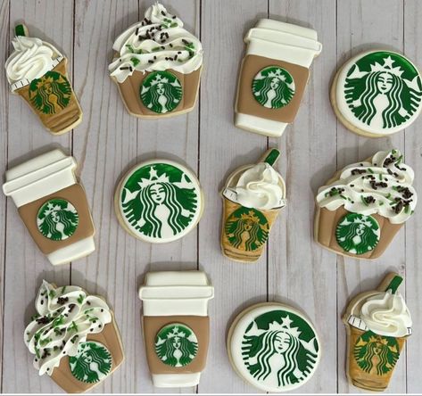 Starbucks Cookies Decorated, Coffee Sugar Cookies, November Party, Chai Latte Cupcakes, Starbucks Cupcakes, Retirement Cookies, Birthday Preppy, Starbucks Birthday Party, Starbucks Crafts