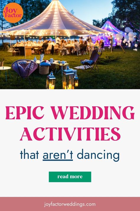 Dozens of ideas for things you can do at your wedding that don't involve dancing! Non Dancing Wedding Reception Ideas, Alternatives To Dancing At Wedding, Outdoor Wedding Activities, Dollar Dance, Wedding Group Photos, Small Outdoor Wedding, Dance Floor Wedding, Wedding Activities, Fun Activities To Do