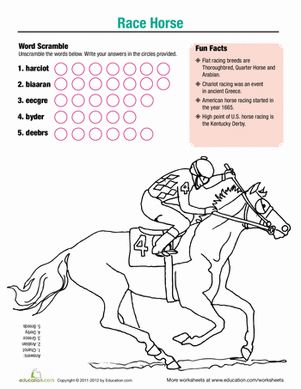 Have fun reading facts about race horses, unscramble the words related to race horses, and color in the picture of the horse and jockey! Horse Worksheets, Barrel Racing Exercises, Pony Costumes, Horse Activities, Barrel Horses, Reading Facts, Horse Lessons, Horse Info, Horse Games