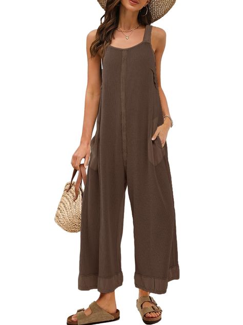 PRICES MAY VARY. Material: one piece jumpsuits for women casual is made by high quality cotton waffle material, which are soft, skin-friendly, flexible and breathable. Womens jumpsuit sleeveless providing unmatched comfort throughout the day Features: oversized jumpsuits for women casual featuring a square neckline, dropped armholes, and an open-back design with a charming tie closure. The addition of pouch pockets adds both functionality and style to this versatile piece Fit: this womens jumpsu Jumpsuits For Women Casual, Oversized Jumpsuit, Wide Leg Jumpsuits, Overalls Outfit, Knit Romper, Boho Clothes, Loose Jumpsuit, Short Women Fashion, Glad Rags