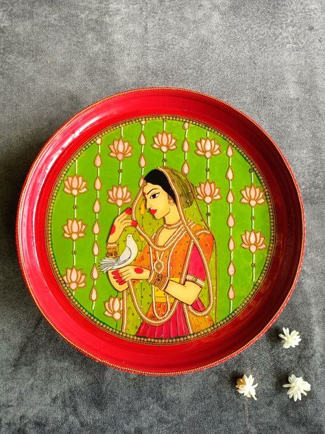 Mdf Board Painting Ideas, Dandiya Decoration, Board Painting Ideas, Painting Ideas Indian, Rajasthan Painting, Ceramic Plates Art, Puja Thali, Plate Painting, Pichwai Painting