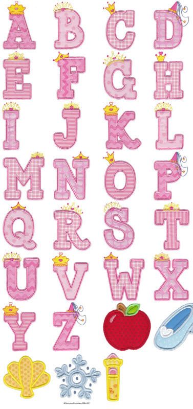 Princess Alphabet Applique Set - 4 Sizes! - Products - SWAK Embroidery Princess Alphabet, Princess Font, Home Embroidery Machine, Disney Alphabet, Sweet Home Design, Applique Letters, Alphabet And Numbers, Doodle Patterns, Fonts Alphabet