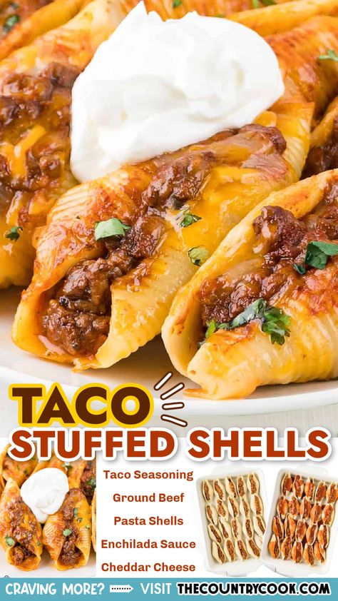 These Taco Stuffed Shells are like your favorite classic stuffed shells but with a taco twist. They’re easy to put together and ready in under an hour! Taco Twist, Ground Beef Pasta, Taco Shells, Stuffed Shells Recipe, Pasta Dinners, Taco Stuffed Shells, Mexican Food Recipes Easy, Stuffed Pasta Shells, Dinner Recipes Crockpot