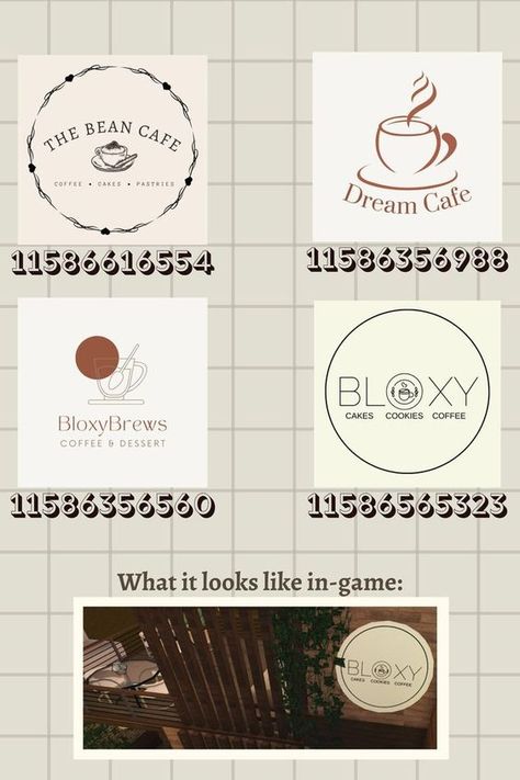 Bloxburg Cafe, Codes Bloxburg, Coffee Decal, Bloxburg Decals Codes Aesthetic, School Decal, Blocksburg Room Ideas￼, House Decals, Bloxburg Decals Codes Wallpaper, Cafe Sign