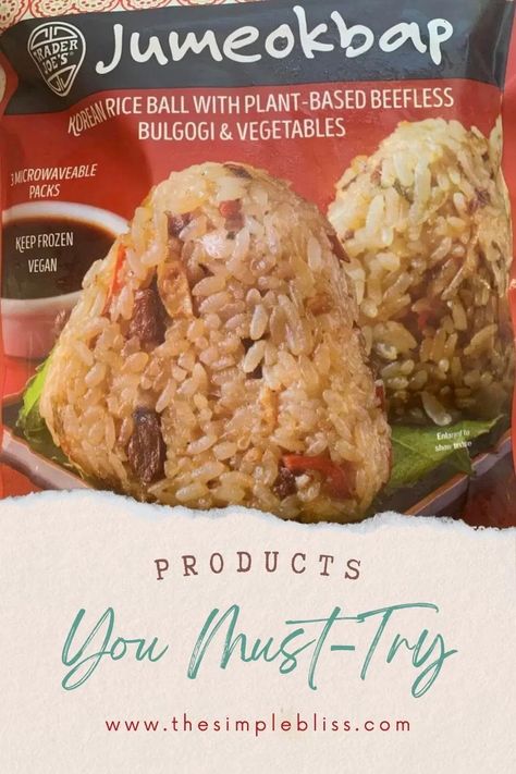 Trader Joe's Jumeokbap package with a banner that says "Product You Must Try." Rice Ball Recipe, Korean Rice Balls, Korean Side Dishes, Korean Rice, Vegan Rice, Bulgogi Beef, Meat Alternatives, Rice Ball, Seasoned Rice