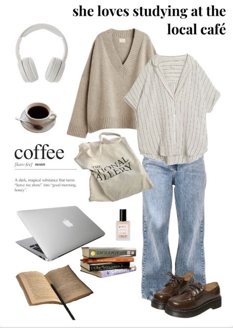 Coffee Morning Outfit, Working At Coffee Shop Outfit, Cute Coffee Outfits, Cozy Coffee Date Outfit, Outfits For Coffee Shop, Study At Cafe Outfit, Going For Coffee Outfit, Coffee Clothes Aesthetic, Coffee Aesthetic Clothes