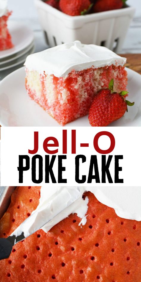 Strawberry Jello Poke Cake, Jello Poke Cake Recipe, Strawberry Jello Cake, Jello Cake Recipes, Jello Poke Cake, Poke Cake Jello, Strawberry Poke Cakes, Poke Cake Recipe, Jello Cake