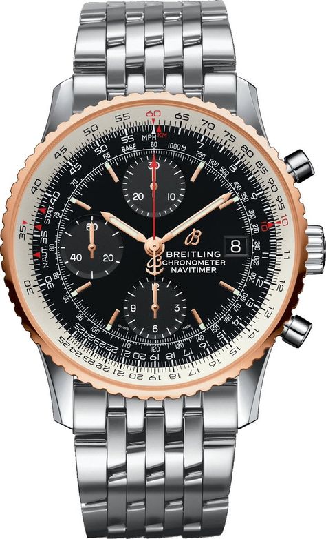 Breitling Watches Navitimer, Watch Packaging, Breitling Superocean Heritage, Breitling Watches, Breitling Navitimer, Mens Luxury, Gold Hands, 3 O Clock, Red Accents