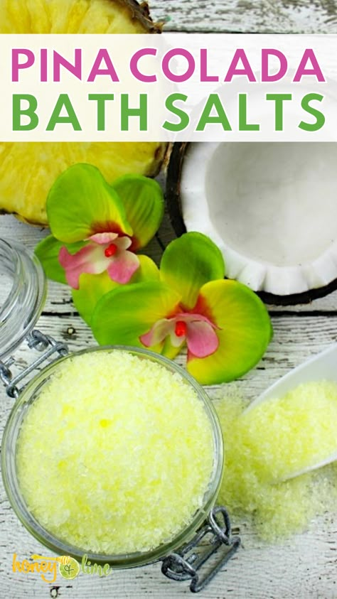 Pina Colada Bath Salts Recipe Diy Bath Salts With Essential Oils, Bath Salts Diy Recipes, Tropical Scents, Diy Bath Salts, Bath Soak Recipe, Diy Sugar Scrub Recipe, Bath Salts Recipe, Coconut Bath, Homemade Spa