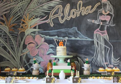 Vintage Hawaiian Birthday Party via Kara's Party Ideas : Chalk backdrop Vintage Pool Parties, Vintage Hawaiian Decor, Hawaiian Party Theme, Hawaiian Party Decorations, Hawaiian Luau Party, Hawaiian Birthday Party, Hawaii Photography, Hawaiian Birthday, Hawaii Party