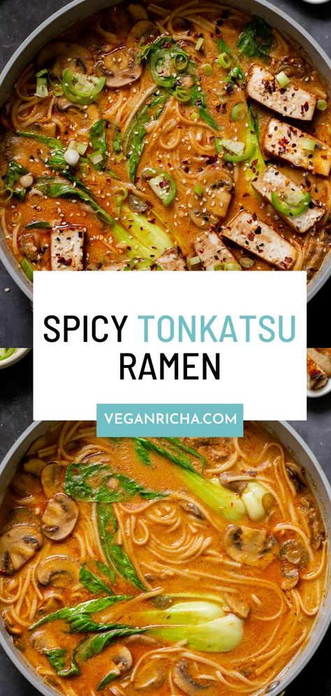 This vegan tonkotsu ramen comes together in a single pot and is so easy to make! It has a spicy, creamy base and flavorful seared tofu topping. Add whatever veggies and other toppings you like! Seared Tofu, Vegan Ramen Recipes, Tofu Ramen, Vegan Entree Recipes, Vegetarian Ramen, Tonkotsu Ramen, Vegan Ramen, Vegan Entree, Vegan Main Dishes