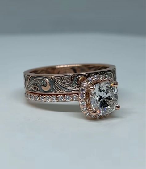 Southern Promise Rings, Engagement Rings Western Simple, Western Tooled Engagement Rings, Easy Snacks For Work Party, Tooled Engagement Rings, Country Rings Engagement, Cowboy Wedding Rings, Western Wedding Ring Sets, Rustic Wedding Rings For Women