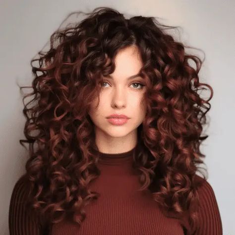 Woman with Dark Rosewood Curls hair Dark Red Hair Color Ideas, Hair Styles For Curly, Purple Hair Color Ideas, Styles For Curly Hair, Red Hair Color Ideas, Dark Red Hair Color, Natural Curly Hair Cuts, Red Curly Hair, Ginger Hair Color