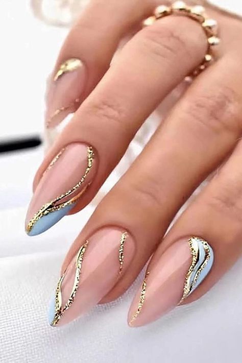 Oval Nails Birthday, Light Blue With Gold Nails, Gold Swirl Nail Design, Dusty Blue And Gold Nails, Oval Birthday Nails, Cream And Blue Nails, Almond Shape Birthday Nails, Nails Baby Blue Design, Blue White Gold Nails