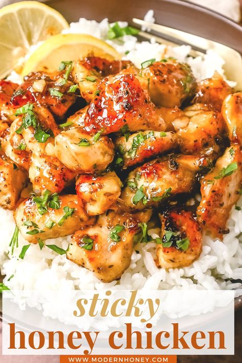 Modern Honey, Honey Lemon Chicken Recipe, Simple Honey Chicken Recipe, Honey Chicken Rice Bowl, Lemon Honey Chicken, Sticky Honey Lemon Chicken, Healthy Honey Garlic Chicken Fried Rice, Honey Soy Chicken And Rice, 20 Minute Honey Garlic Chicken