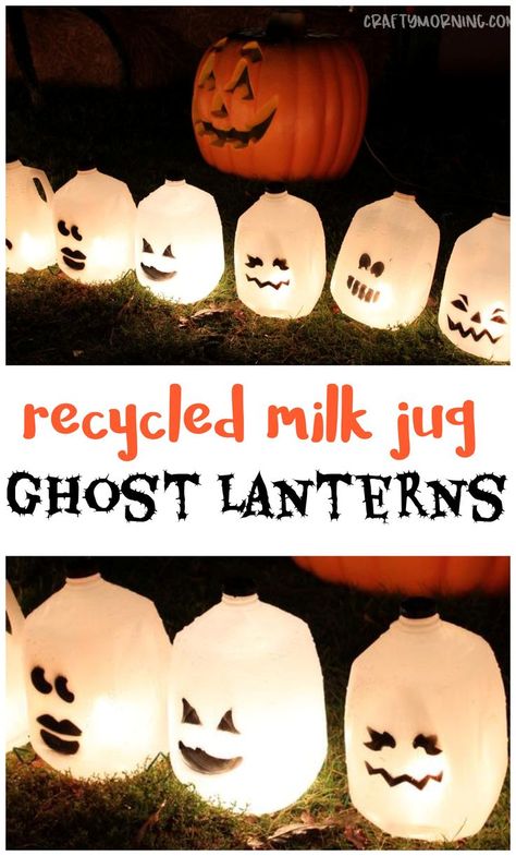 Milk Jug Ghosts, Halloween Milk Jugs, Halloween Crafts For Kids To Make, Milk Jug Crafts, Halloween Block Party, Outdoor Halloween Decorations, Halloween Decorations For Kids, Homemade Halloween Decorations, Fun Halloween Crafts