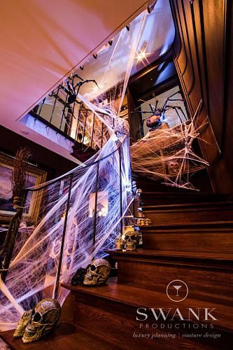 Halloween Decor For Stairs, Spider Web Ceiling Decoration, Halloween Stairs Decor, Halloween Railing Decor, Halloween Staircase Decor Railings, Spiderweb Decorations Halloween, Spooky Staircase, Halloween Staircase Decor, Halloween Stairs