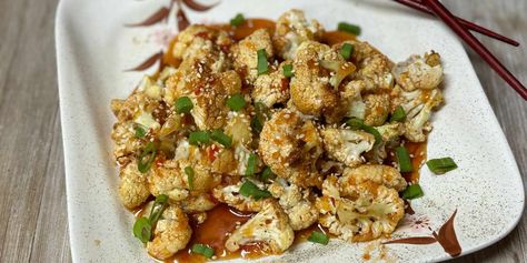 Sweet and Spicy Baked Cauliflower Sweet And Spicy Baked Cauliflower, Sweet And Spicy Roasted Cauliflower, Spicy Cauliflower Bites, Baked Cauliflower Recipe, Spicy Roasted Cauliflower, Spicy Cauliflower, Roasted Cauliflower Recipes, Pork Chicken, 5 Ingredient Dinners