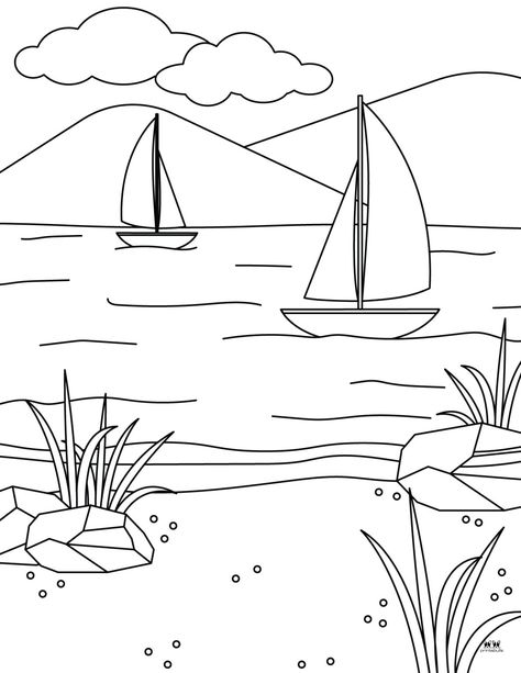 Choose from a wide variety of beach coloring pages perfect for endless fun on those long summer days. Print from home. 100% FREE! River With Boat, Paddle To The Sea, Sketchbook Spreads, Ocean Quilt, Beach Coloring Pages, School Drawing, Boat Drawing, Tracing Sheets, Kids Painting